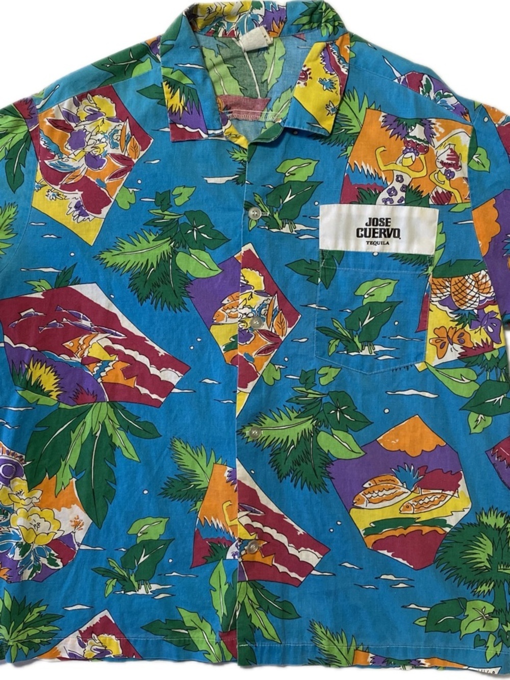 Jose Cuervo VTG Blue Tropical Print Short-Sleeve Button-Down Shirt